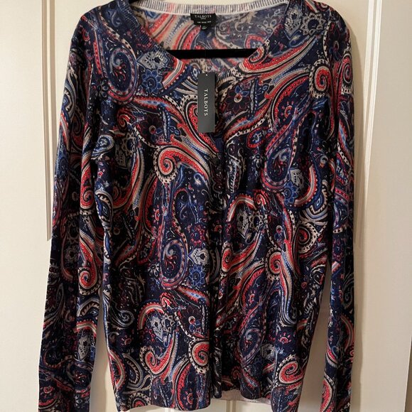 Talbots NWT Pure Merino Wool Cardi Paisley 1X Long-Sleeve - Picture 4 of 6